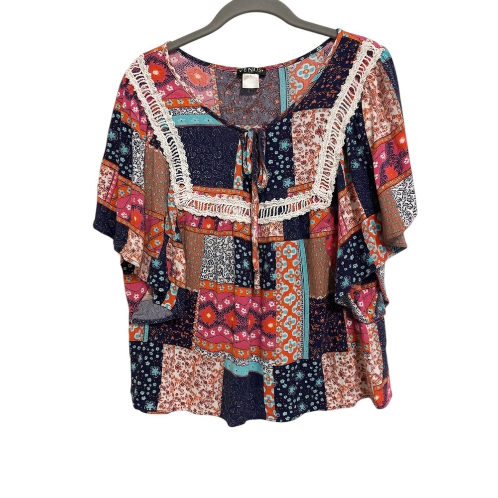 Venus Patchwork Boho Top Women's Large Multi Color Crochet Trim Festival Hippie